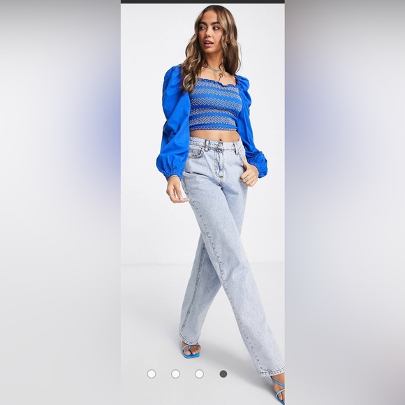 ASOS DESIGN volume sleeve top with contrast shirring in blue NWOT - Picture 2 of 6